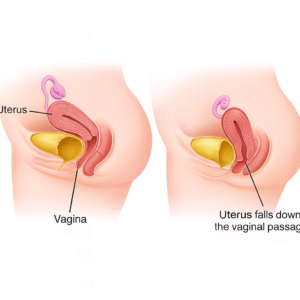 Medical illustration comparing normal uterus position and uterine prolapse, showing how the uterus falls into the vaginal passage with labeled pelvic organs